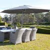 Outdoor furniture with Shelta umbrellas and settings