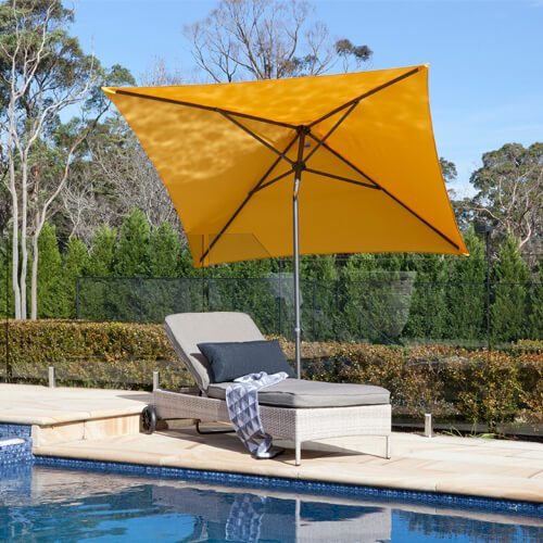 Outdoor furniture with Shelta umbrellas and settings