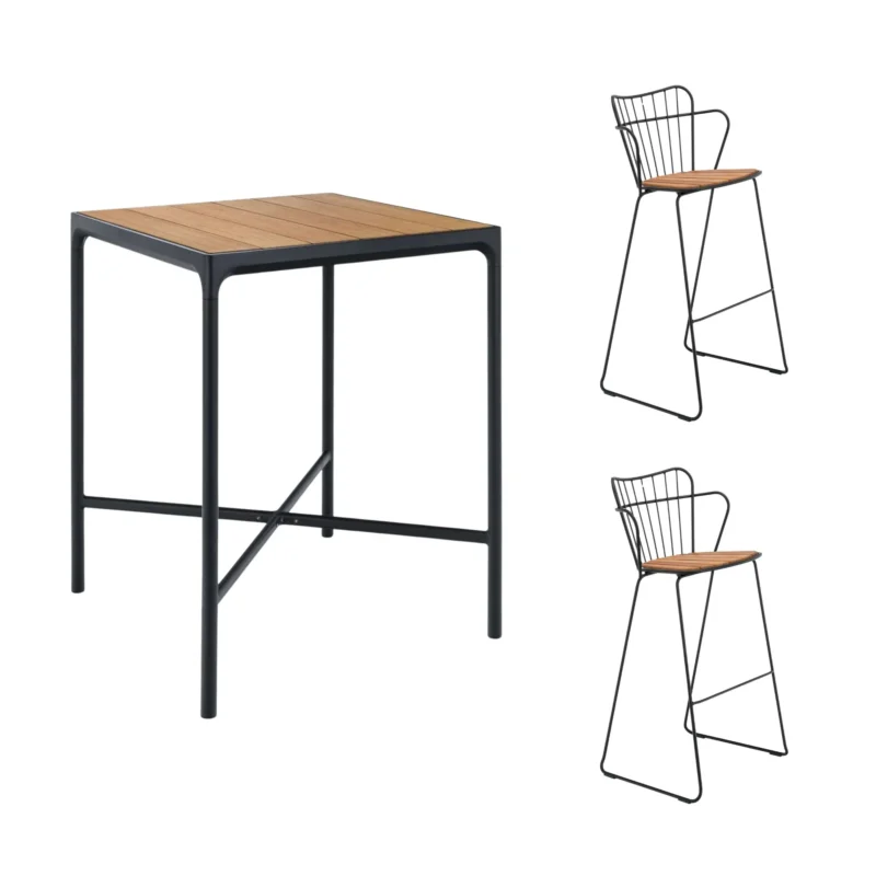 Houe - Four Square Bamboo/Black Bar Table (90cm) with 2 Paon Bar Chairs - Bamboo & Black