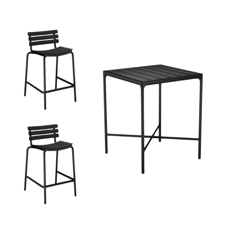 Houe - Four Square Black Bar Table (90cm) with 2 ReClips Bar Chairs - Black